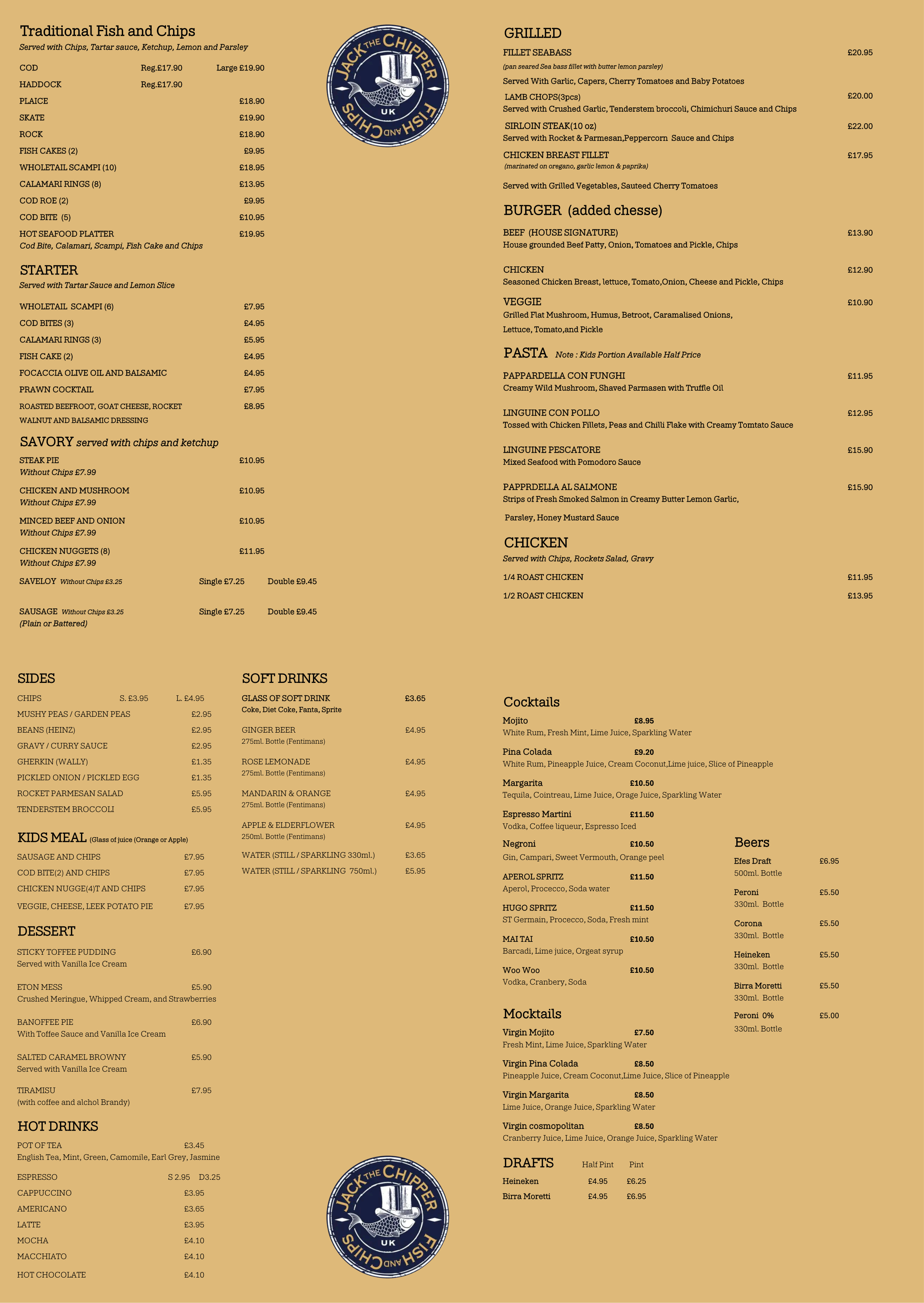 Jack The Chipper Main Restaurant Menu PDF Poster